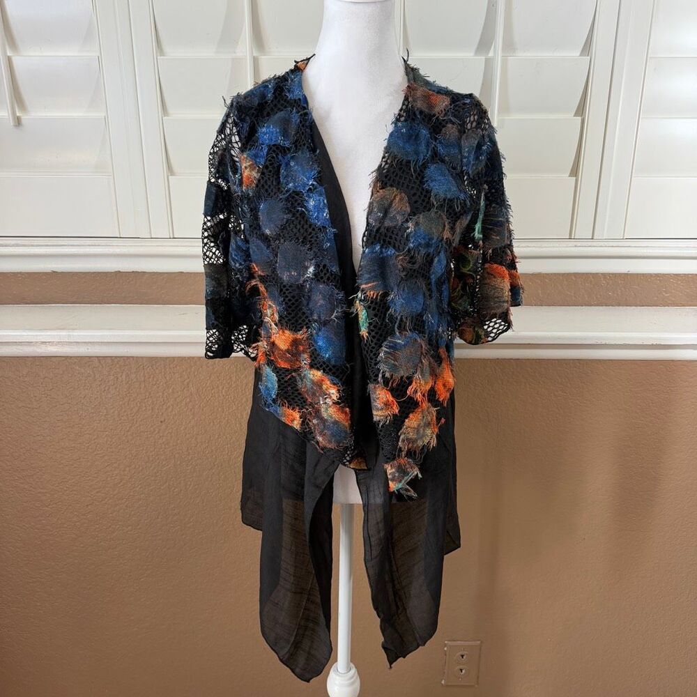 New Vintage Pretty Angel Blue Orange Patchwork Kimono Open Jacket Sz M Boho Chic